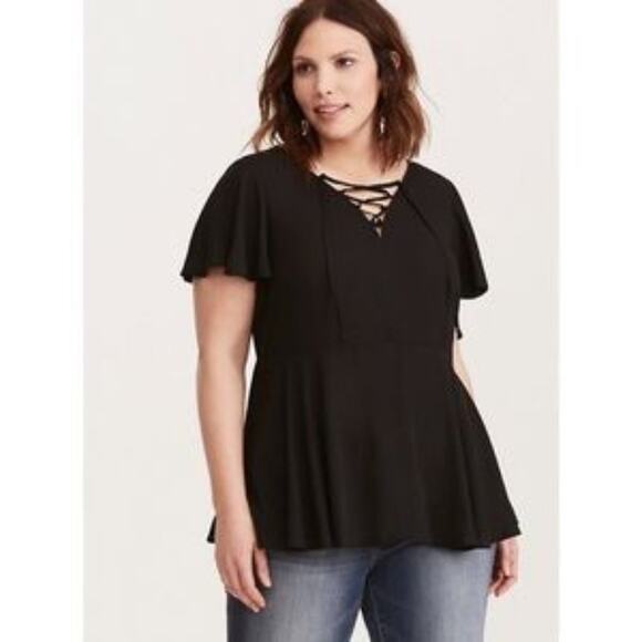 Torrid Georgette Tie Front Flutter Sleeve Black Blouse Size 1/1x - Picture 1 of 6